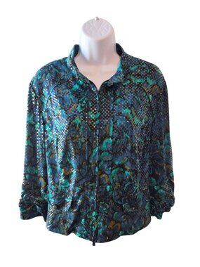 Perceptions Floral Sequin Size 16 Blue Green Zip Front Artsy Cocktail Glam